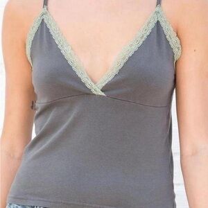 Brandy Melville Gray Camisole with Green Lace Trim